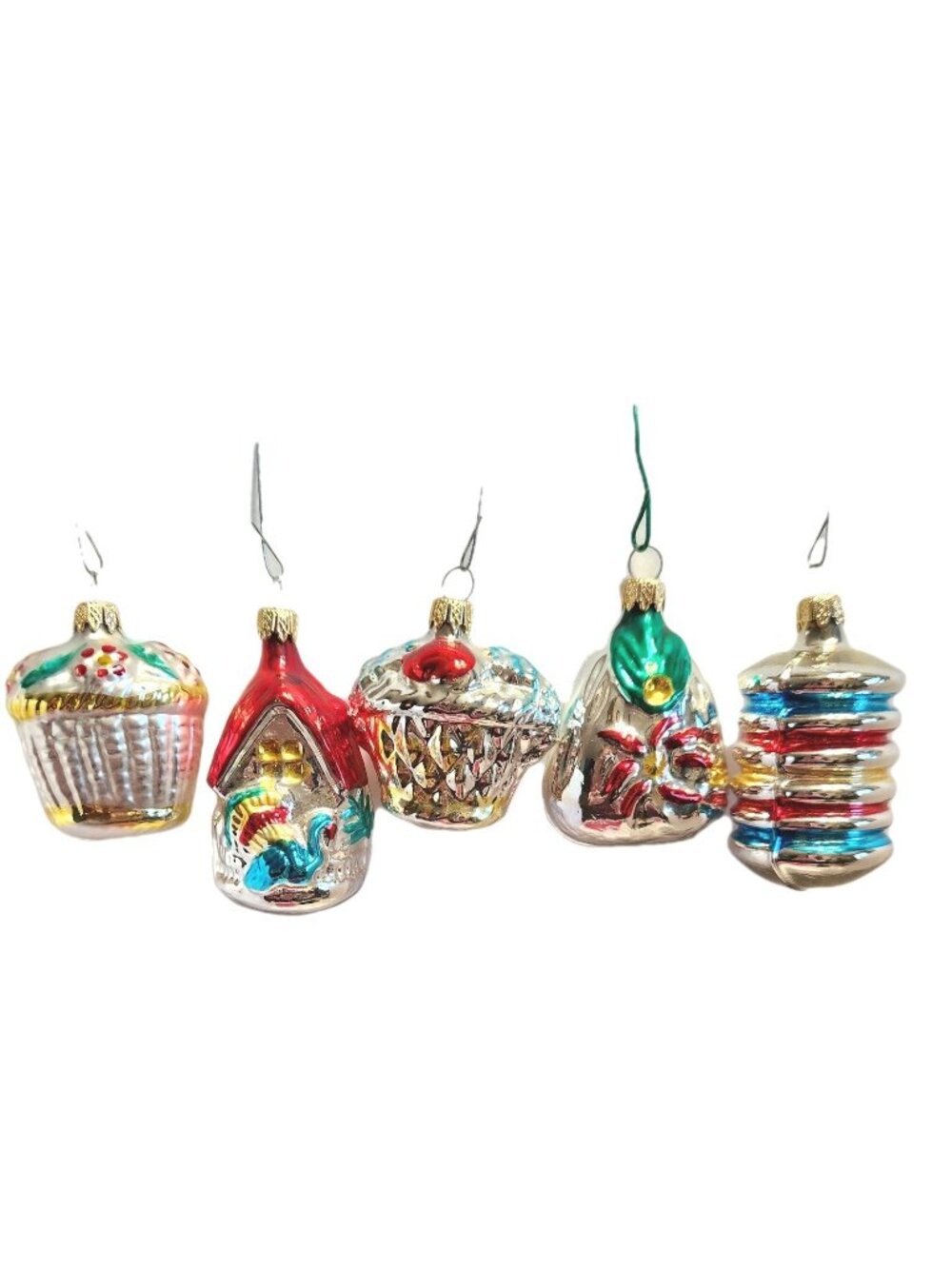 Colombia Blown Glass Christmas Tree Ornaments Lot Of 5 Shiny Vintage Ornaments